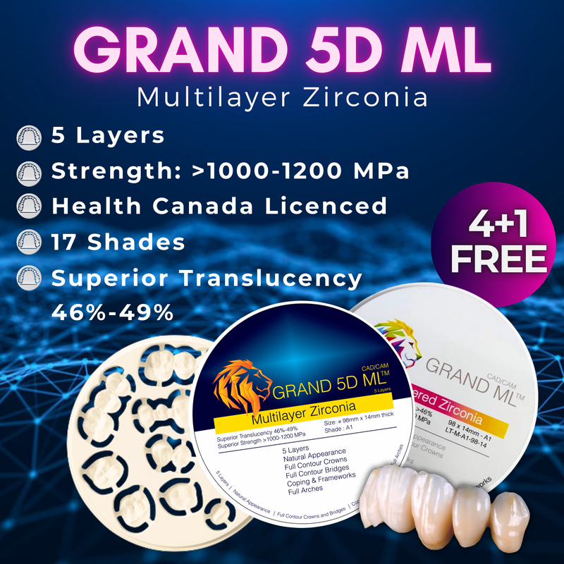 GRAND ML 5D - Multilayer Zirconia Pre-Shaded 98mm x 12mm by Medisco Group CAD/CAM Zirconia by Medisco Group- Unique Dental Supply Inc.