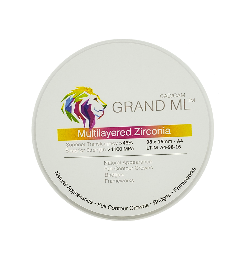 GRAND ML - Multilayered Zirconia Pre-Shaded  98mm x 25mm by Medisco Group CAD/CAM Zirconia by Medisco Group- Unique Dental Supply Inc.